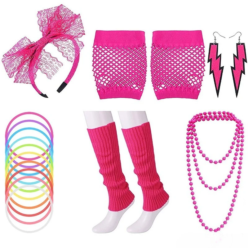 

1980s Bachelor Party Set with Neon Colored Necklace and Bracelet Combination Suitable for 80s Clothing Props