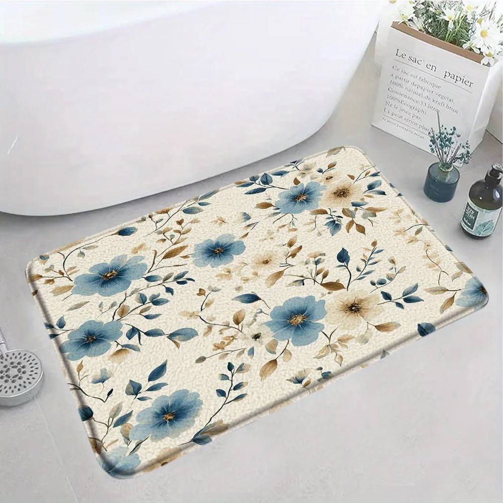 1pc Blue floral patterned rug, made of polyester fabric, machine washable, suitable for bedroom and living room décor.