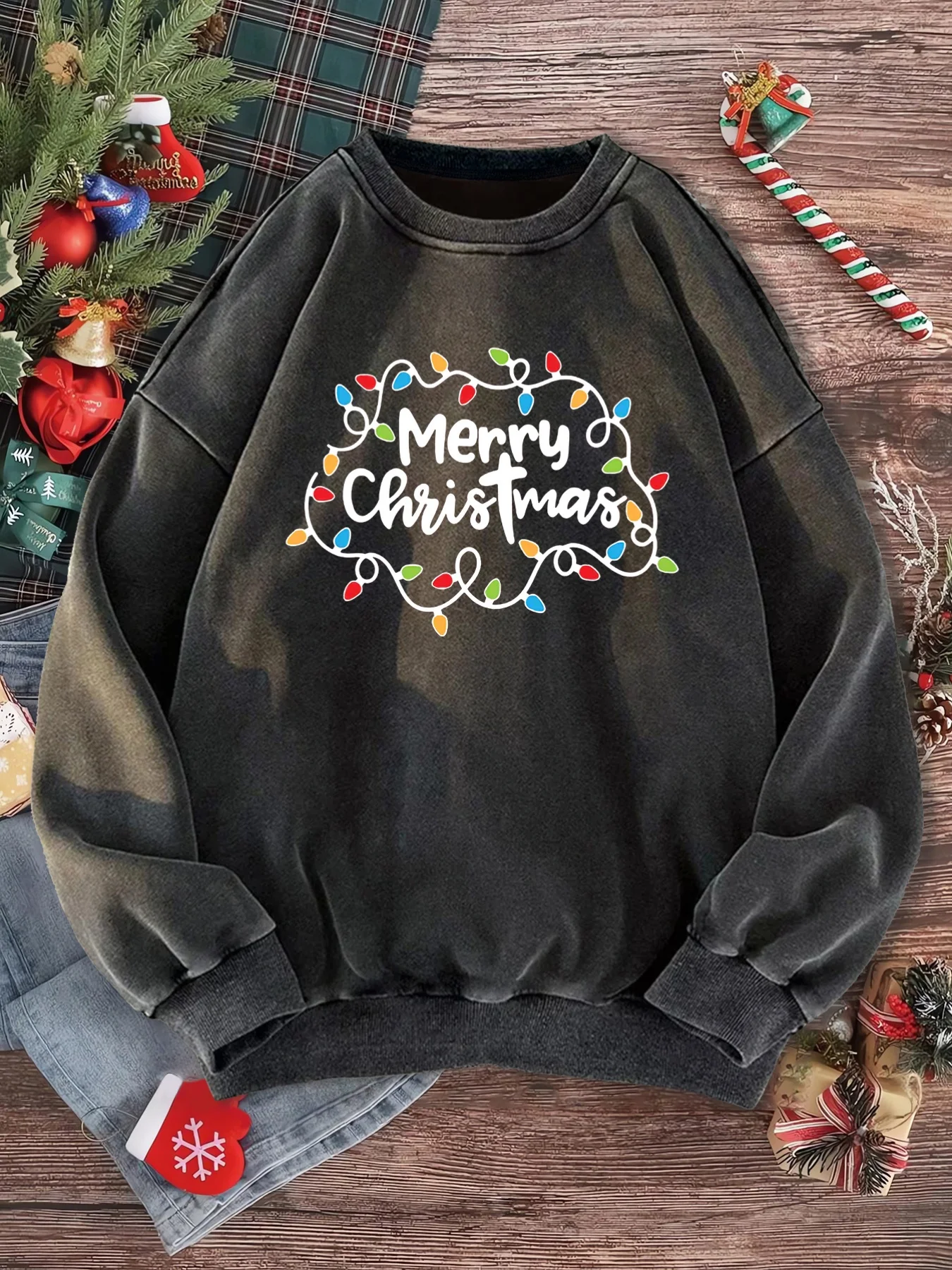 Christmas Print Casual Retro Women's Washed Round Neck Sweatshirt Autumn Winter Style