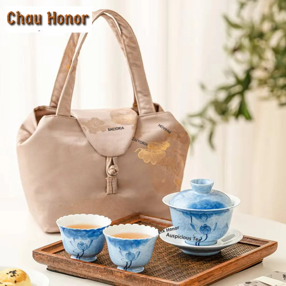 Hand-painted Lotus art Gaiwan Tea Set Kit Antique Teapot and Tea Cup Set 1 Pot 2 Cups Tea Maker Outdoor Portable Organizer Bag view 5