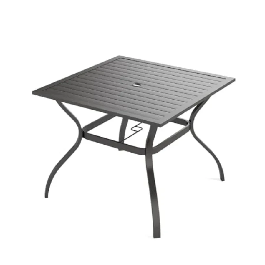 Outdoor patio dining table for backyard bistro use, steel metal slat construction, matte black finish, weather-resistant with 1