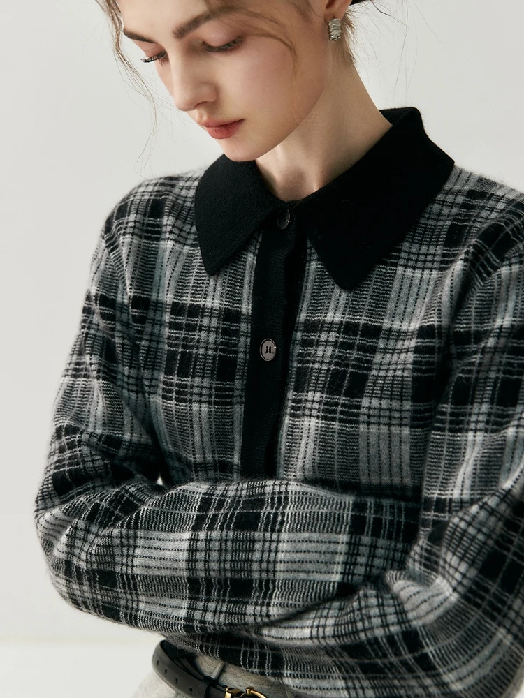 Women's Polo Collar Cardigan 100% Cashmere Sweater Color Blocked Plaid Knitwear Autumn Winter Loose Classic Tops Short Clothing