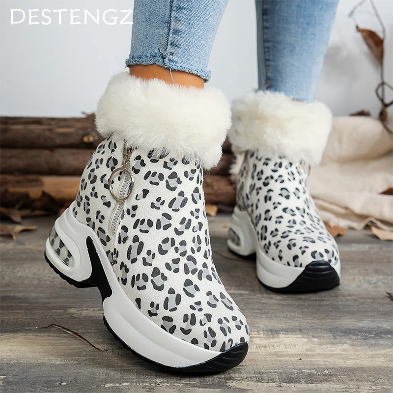 Fur Platform Women Leopard Ankle Boots Flats Suede Sport Shoes Woman 2024 Trend Casual Walking Sneakers Winter Cozy Botas Mujer