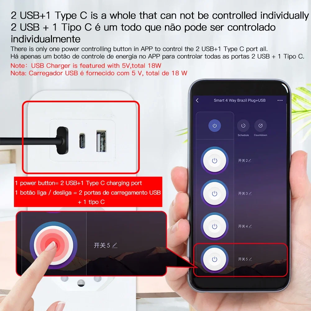 WiFi Brazil Smart Power Strip Surge Protector 4 Brazil Plug BR Outlets Socket USB Type C Tuya App Voice Control by Alexa Google