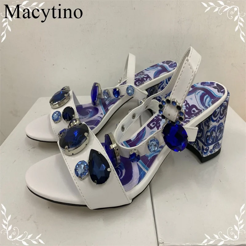 Luxury Diamond Crystal Decor Modern Sandals Women Blue And White Porcelain Print Ankle Strap Summer Shoes For Girls