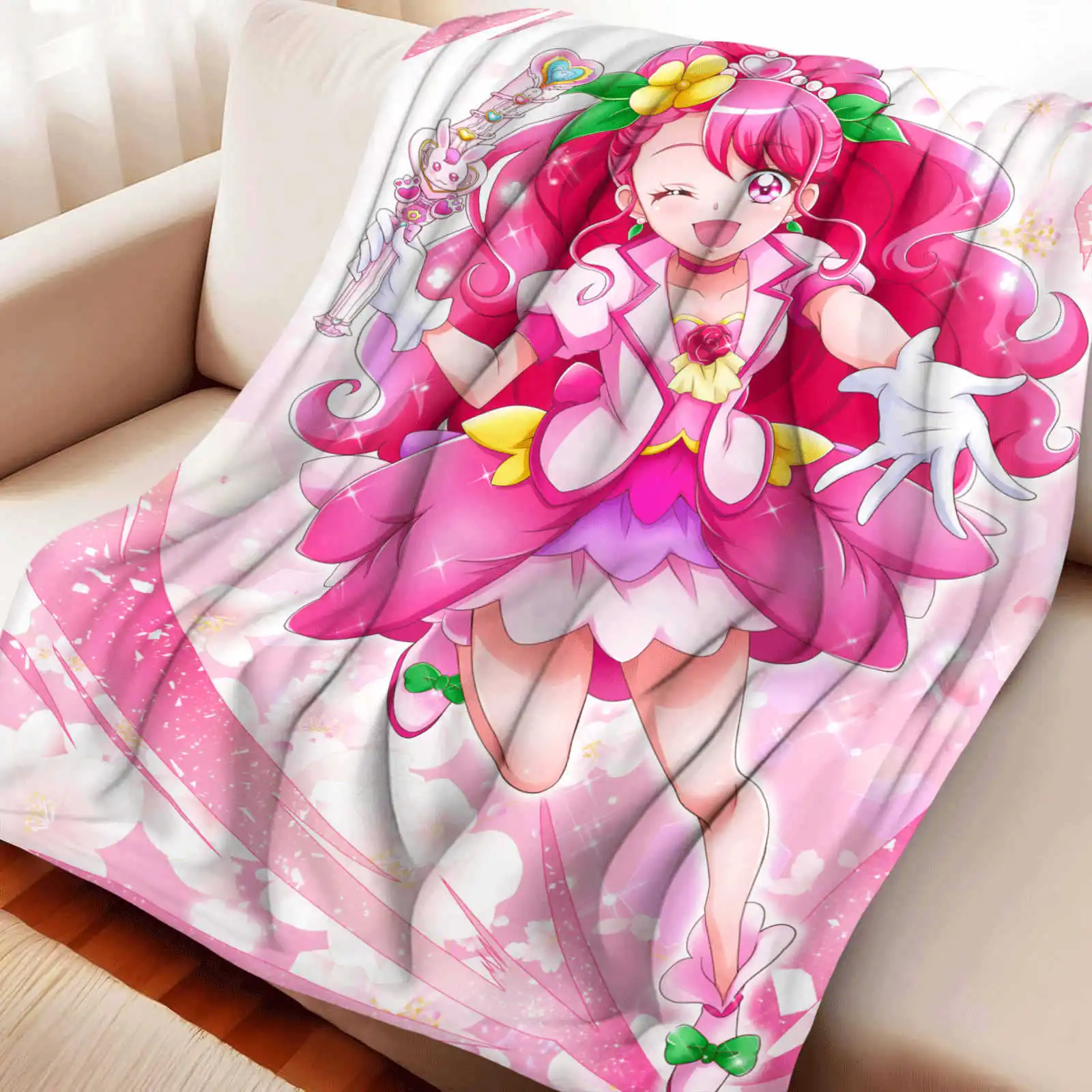 

Cartoon Hanadera Nodoka Cute Pink Flannel Blanket Cover Warmth Soft Anime Blanket Multifunctional Decor Home Universal Blankets