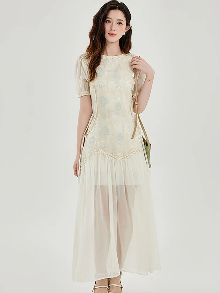 

Summer White Chiffon Floral Embriodiery Luxury Long Dress Women Korean Fashion Chic Festival Dress 2025 Elegant Casual Vestidos