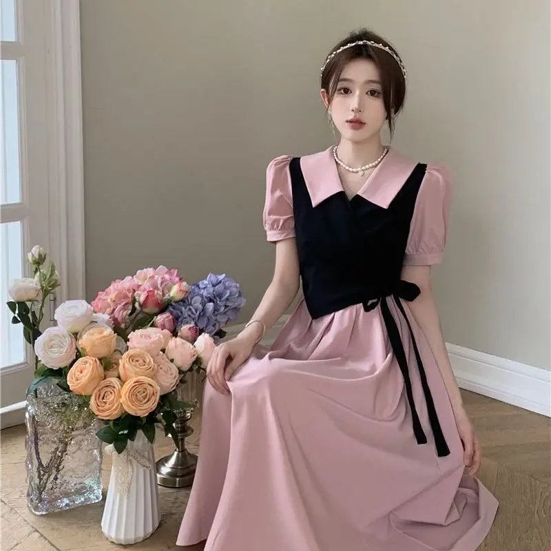 Large Size Women's Tea Break French Retro Dress Summer New Style Fat MM Temperament Slimming and Covering Flesh Hepburn Style