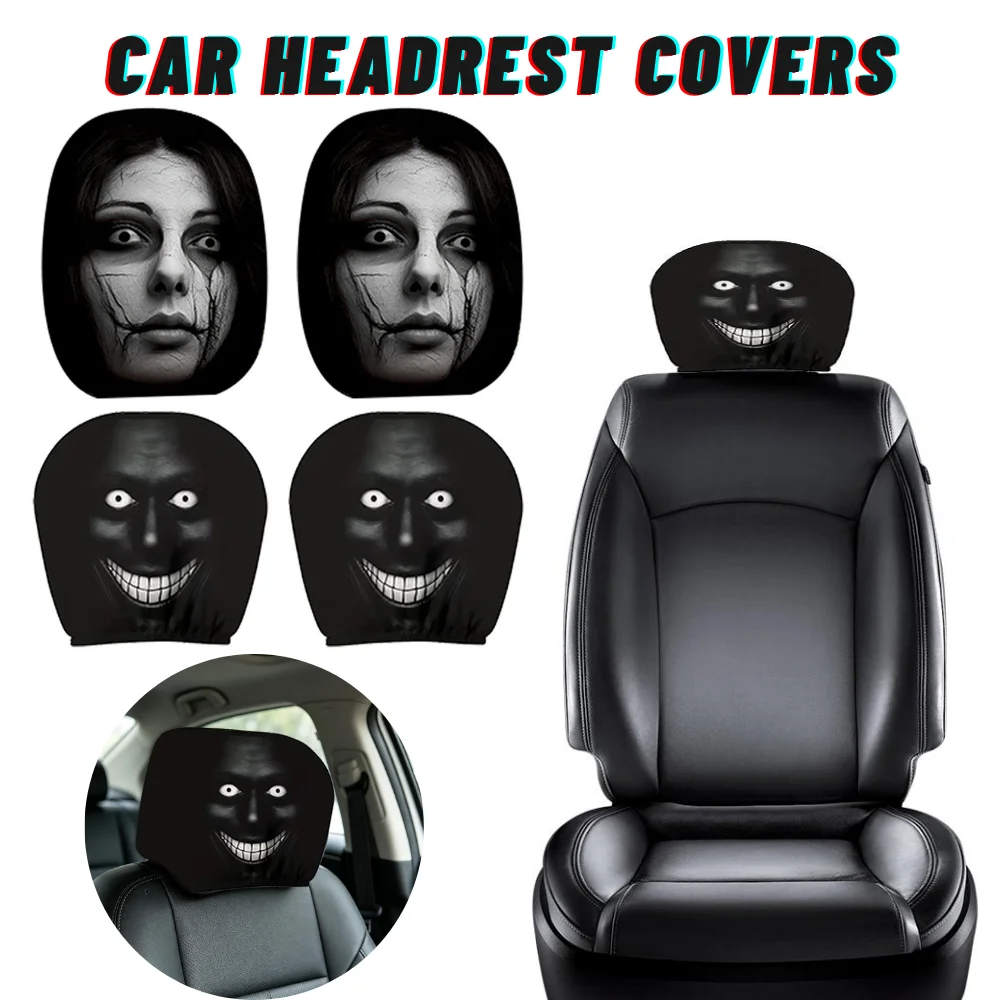 Funny Car Headrest Covers Exaggerated Smile Face Seat Head Rest Protectors Stain Proof Pillowcase Interior Decoration 2PCS