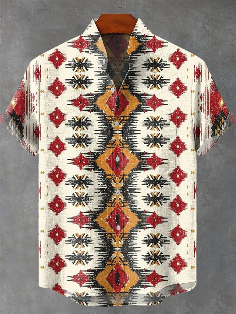 Sommerliches Ethno-Design Casual Top mit Katzenmuster Kurzärmliges Modisches Retro-Herrenhemd – Detail 7