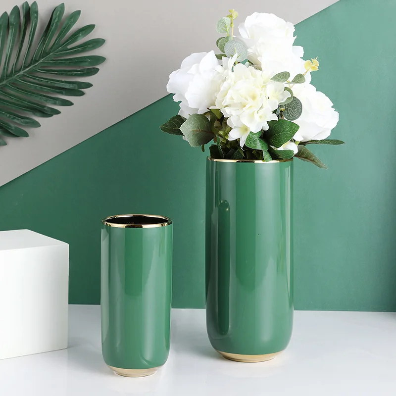 

Ins High-value Light Luxury Gold-plated Ceramic Green Vase Nordic Living Room Flower Ornaments Dining Table Green Flower Set