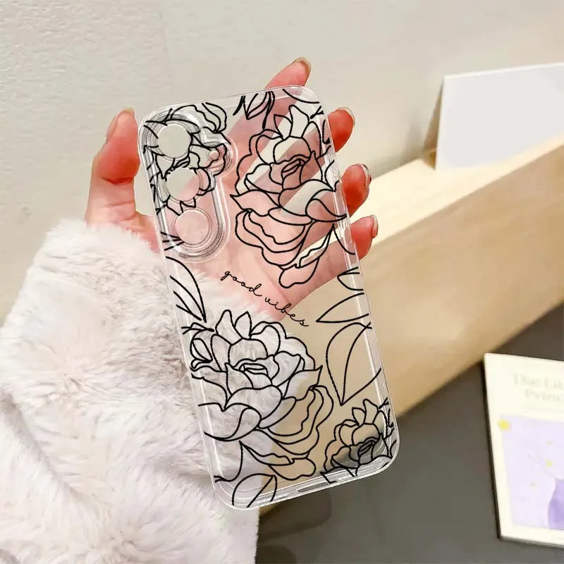 

Art Line Camellia Flower Phone Case For Samsung A56 A42 A36 A35 A34 A23 A16 A15 A05 A04 A03 Note 20 5G Translucent