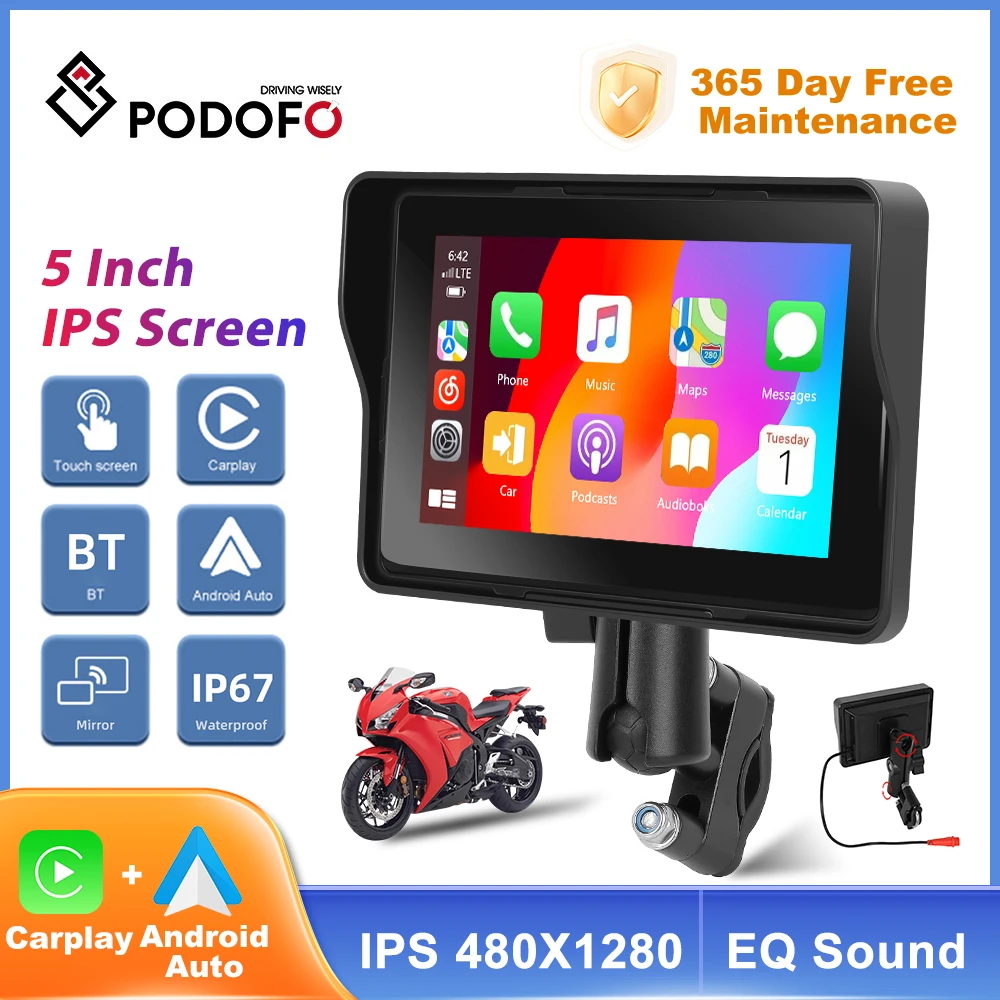 Podofo 5 Inch Motorcycle Navigation Smart Screen Wireless Apple Carplay Portable IP67Waterproof Motorcycle Waterproof Display