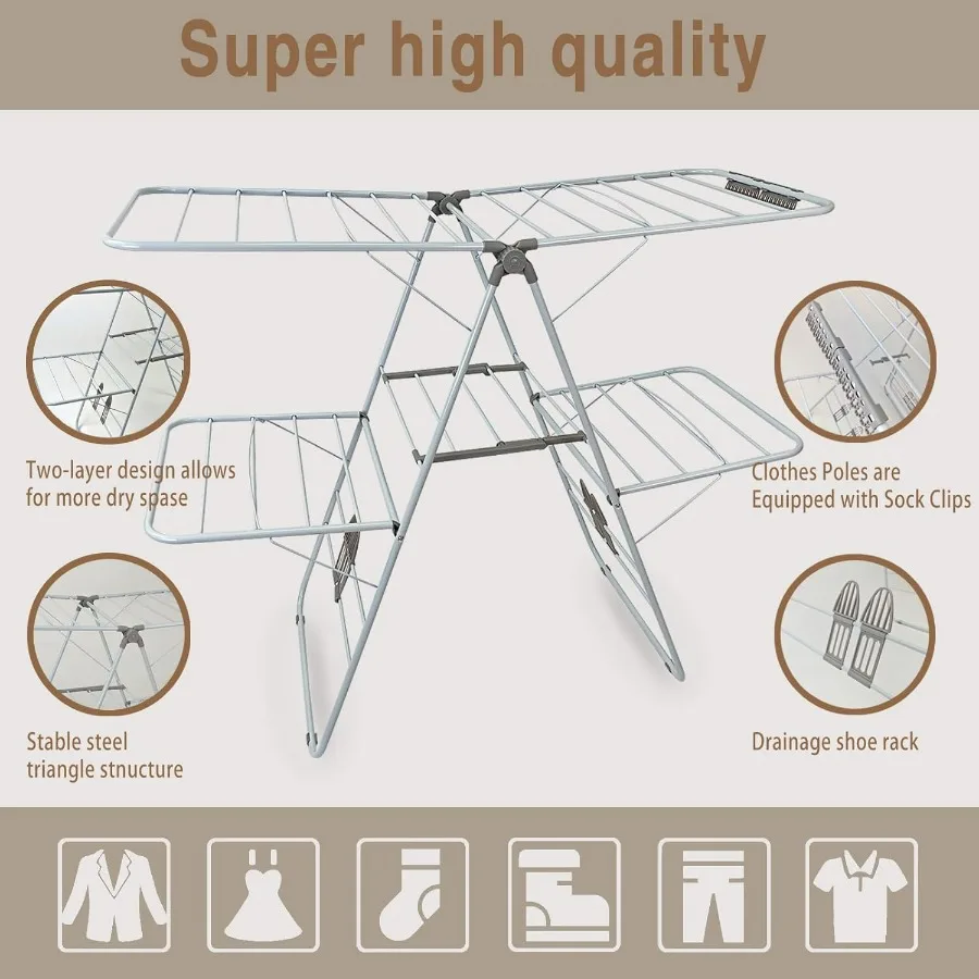 Large Capacity Double Drying Rack with Height Adjustable Design Rustproof Finish NonSlip Clips and Drainage Features for Airy a