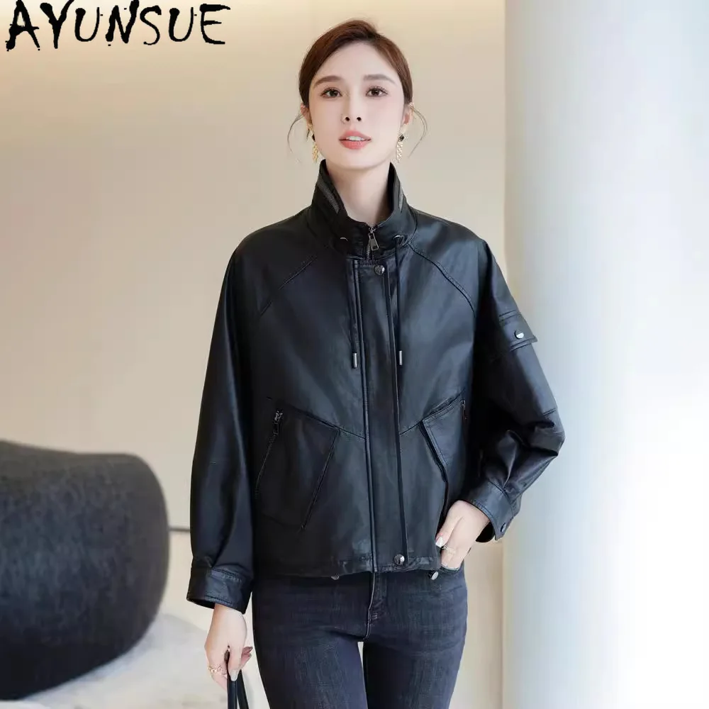 AYUNSUE Giacca in vera pelle da donna 2025 100% pelle di pecora Cappotti da donna Giacche da moto Primavera Autunno Abiti Vestibilità ampia