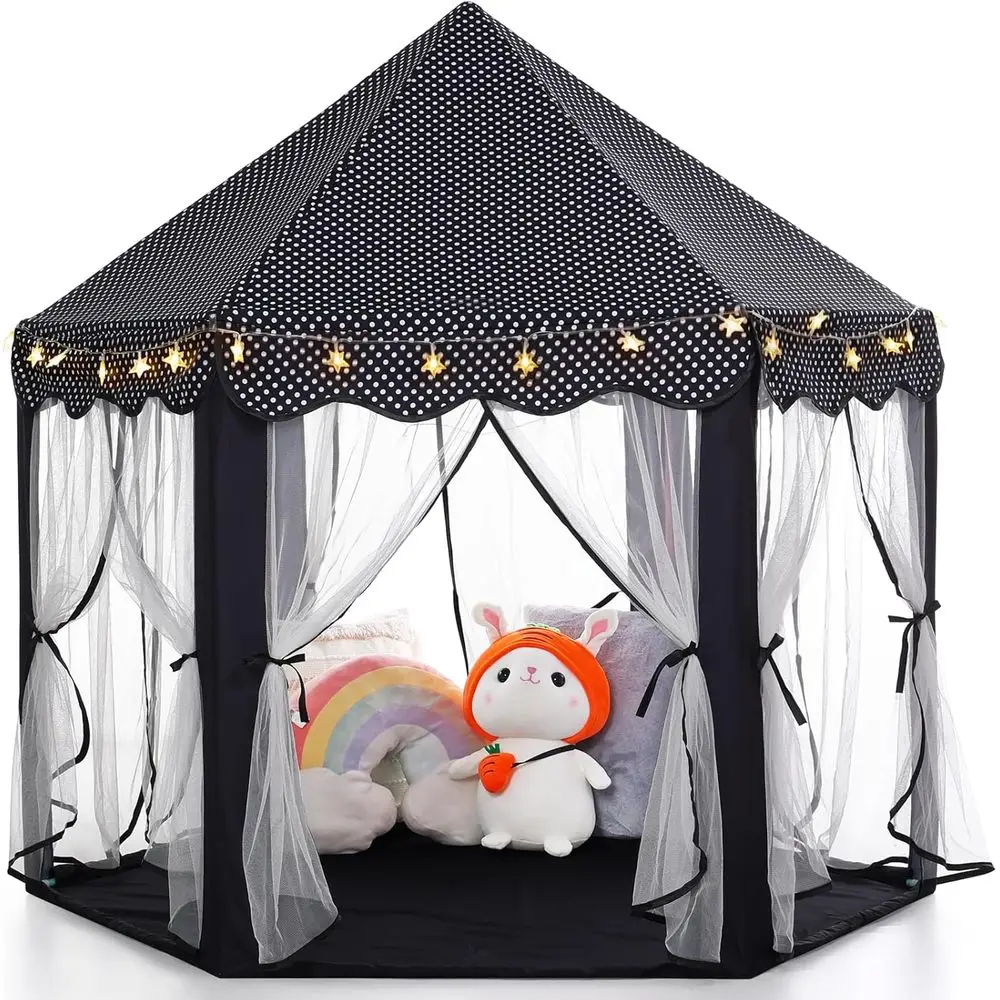Tenda da principessa per ragazze, grande casetta da gioco nera per bambini, tenda da gioco con castello, con luci a stella, giocattolo regalo per bambini, per interni ed esterni