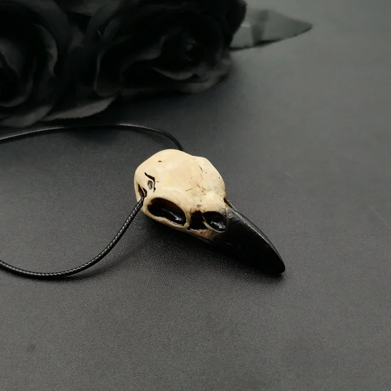 Beige Antique Large Crow Skull Pendant Necklace Cast Resin Replica 3.5