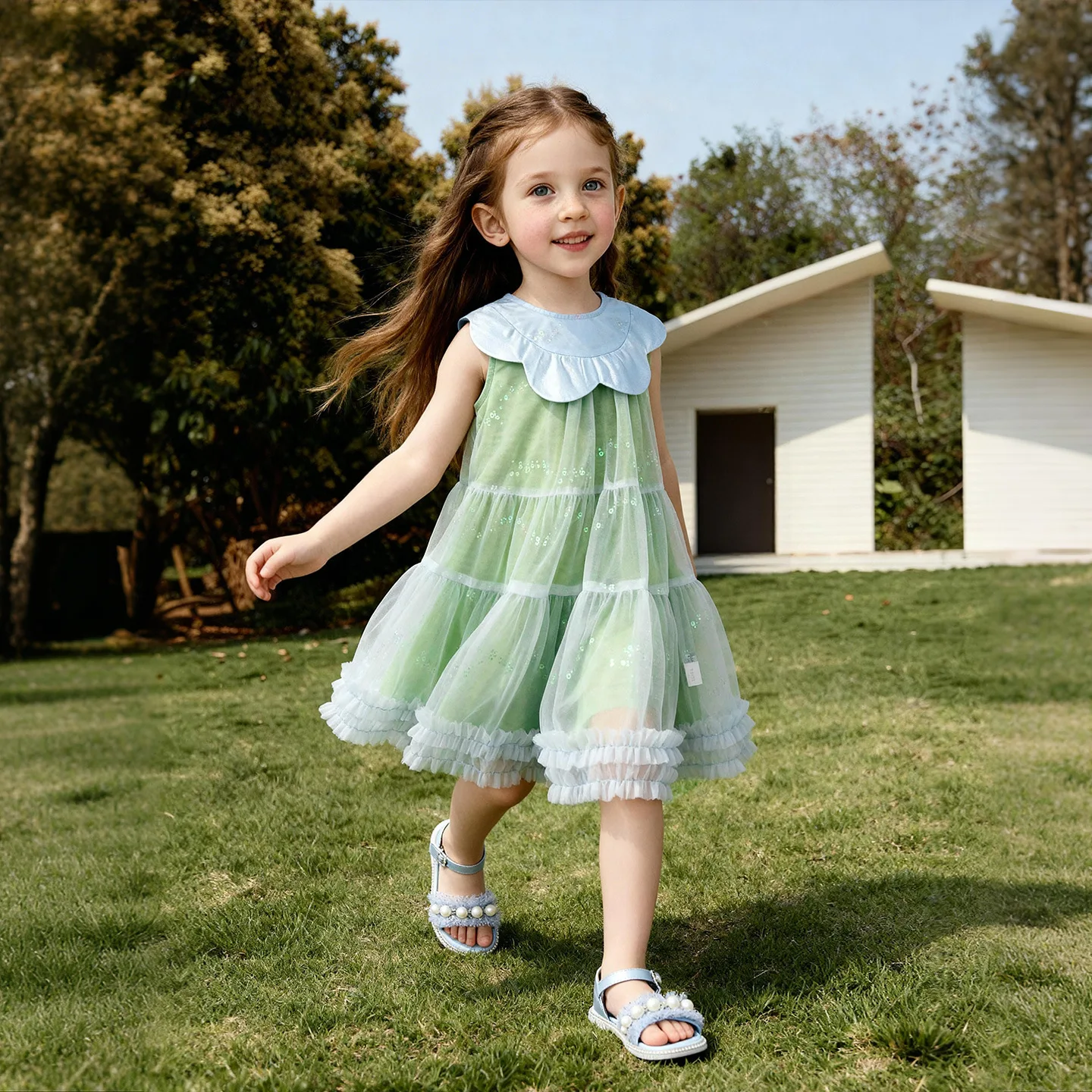 Children's clothing summer new girls' dress flower collar sequined mesh ruffle edge sweet princess