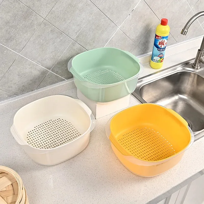 Transparent Double Layer Drain Basket Small Fruit Vegetable Colander Kitchen Strainer Washing Convenient to Use Safe for Home