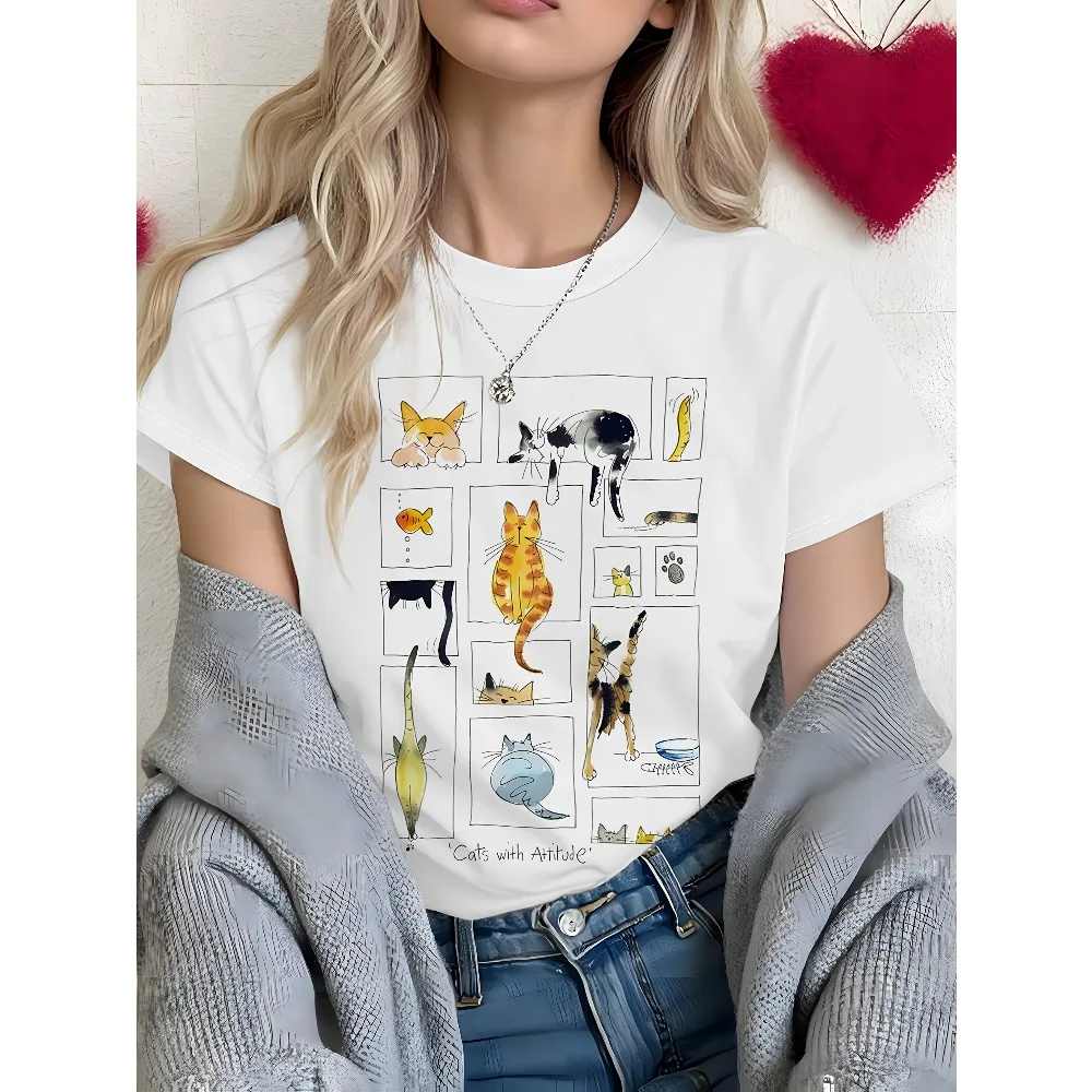 Cute And Fun Women Short-Sleeved T-Shirt with Cat Illustrations Multiple Cats in Funny Poses Fresh Hand-Painted Style Trendy