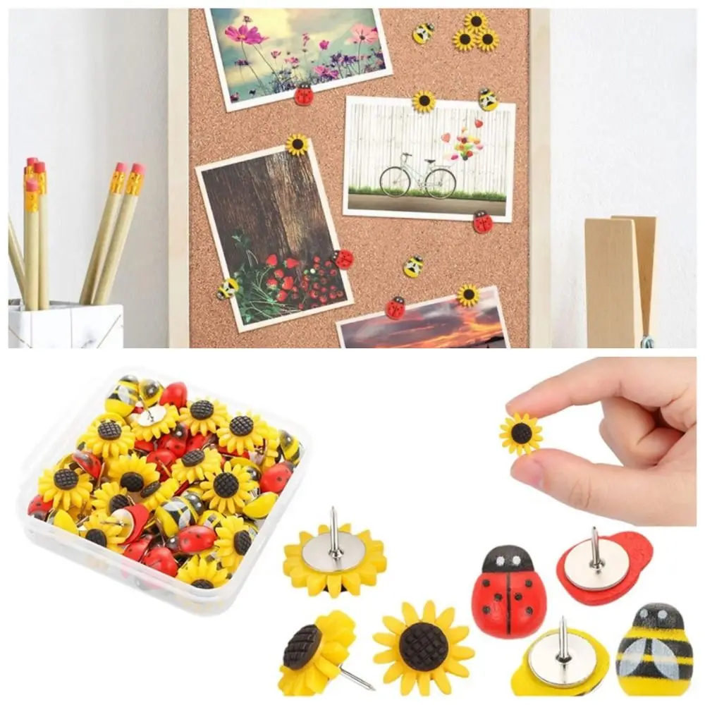 

30Pcs Portable Bees Sunflower Pushpins DIY 3D Board Push Pin Creative Cute Colored Flower Push Pins Picture Memos