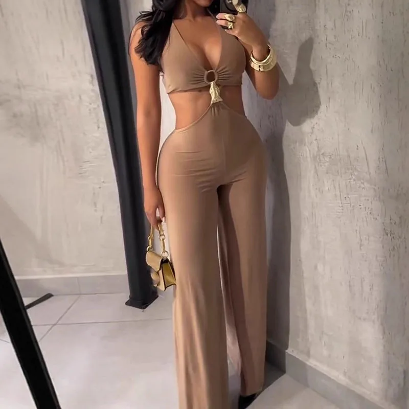 

Low Cut V-neck Slim Fit Pants Playsuit Summer Backless Hollow Out Holiday Romper Simple Solid Color Sleeveless Women's Jumpsuit