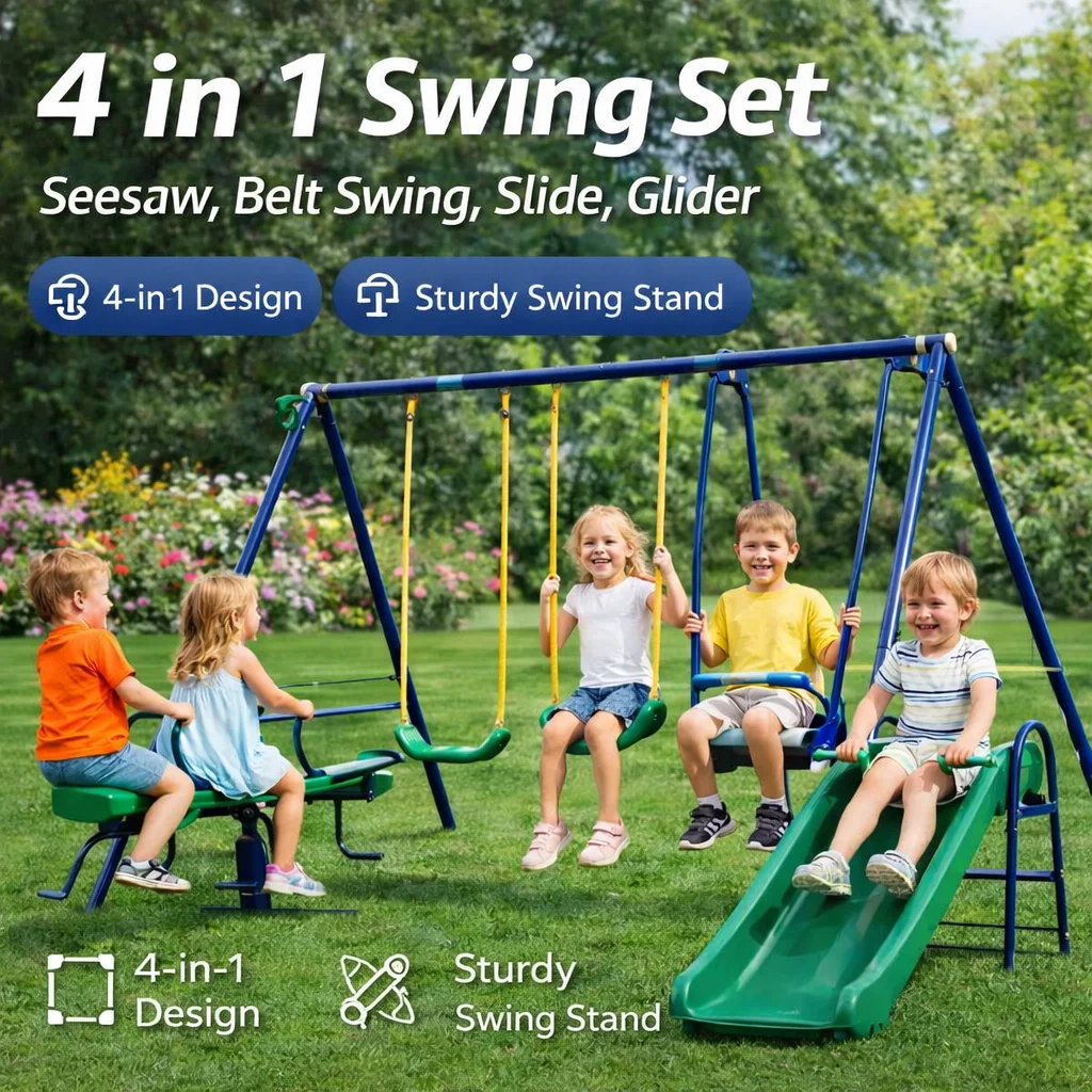 

Уличный прочный игровой комплекс 4-в-1: качели, качели-ленты, горка и глиссер, для двора, устойчивый к погодным условиям, вмещает 7 детей