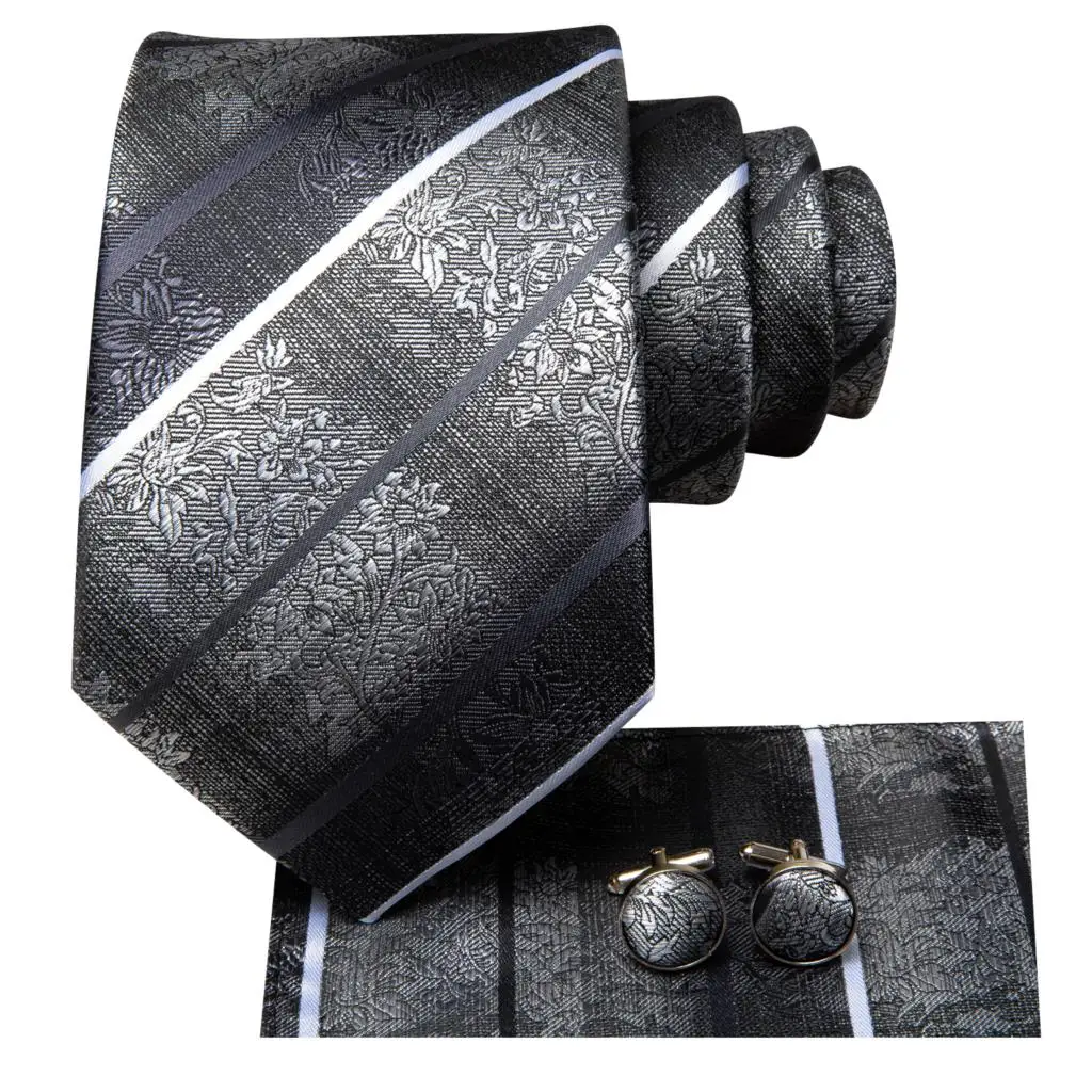 Grey Floral Striped 2022 New Men Tie Hanky Cufflink Set Silk Necktie For Men Wedding Party Business Men Tie Fashion Brand Hi-Tie