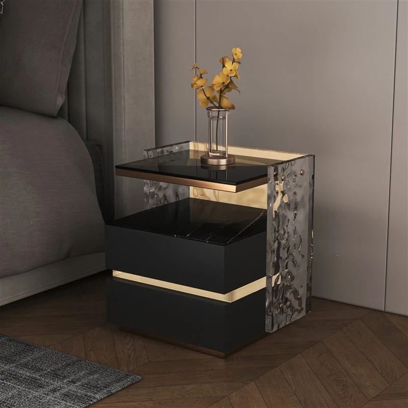 Light luxury solid wood bedside table, high-end bedroom atmosphere, surrounding storage cabinet, very narrow