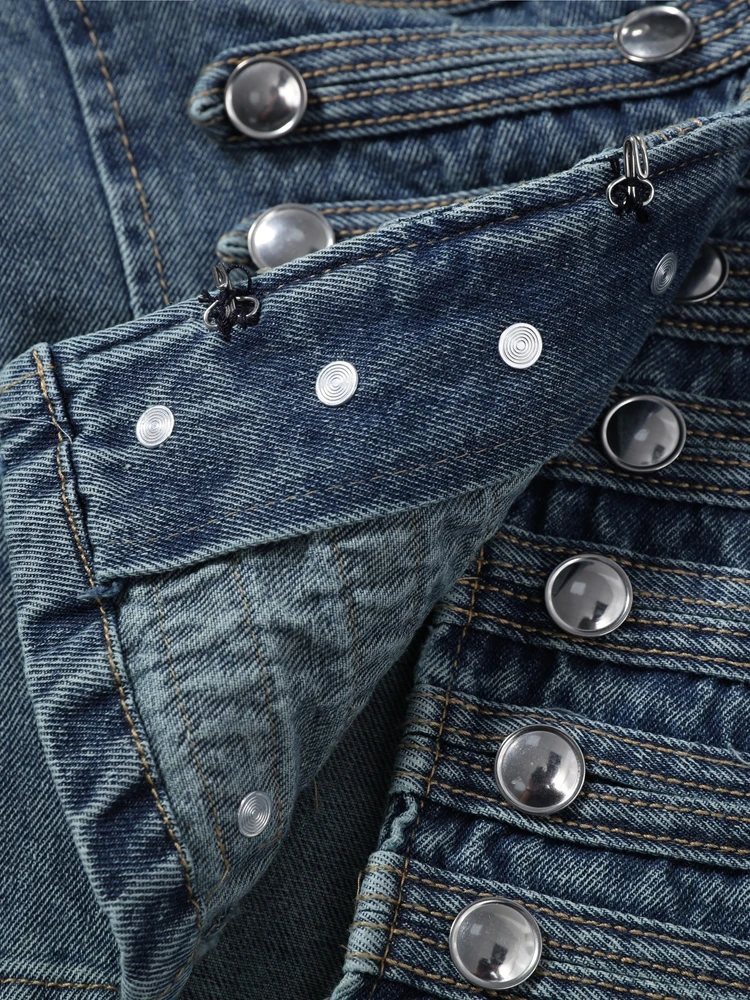 Denim Napoleon Jacke Shorts Anzüge Damen Vintage Stehkragen Langarm Mäntel Tiefsitzende Shorts Sexy Damen Neue Partykleidung Outfits – Detail 9
