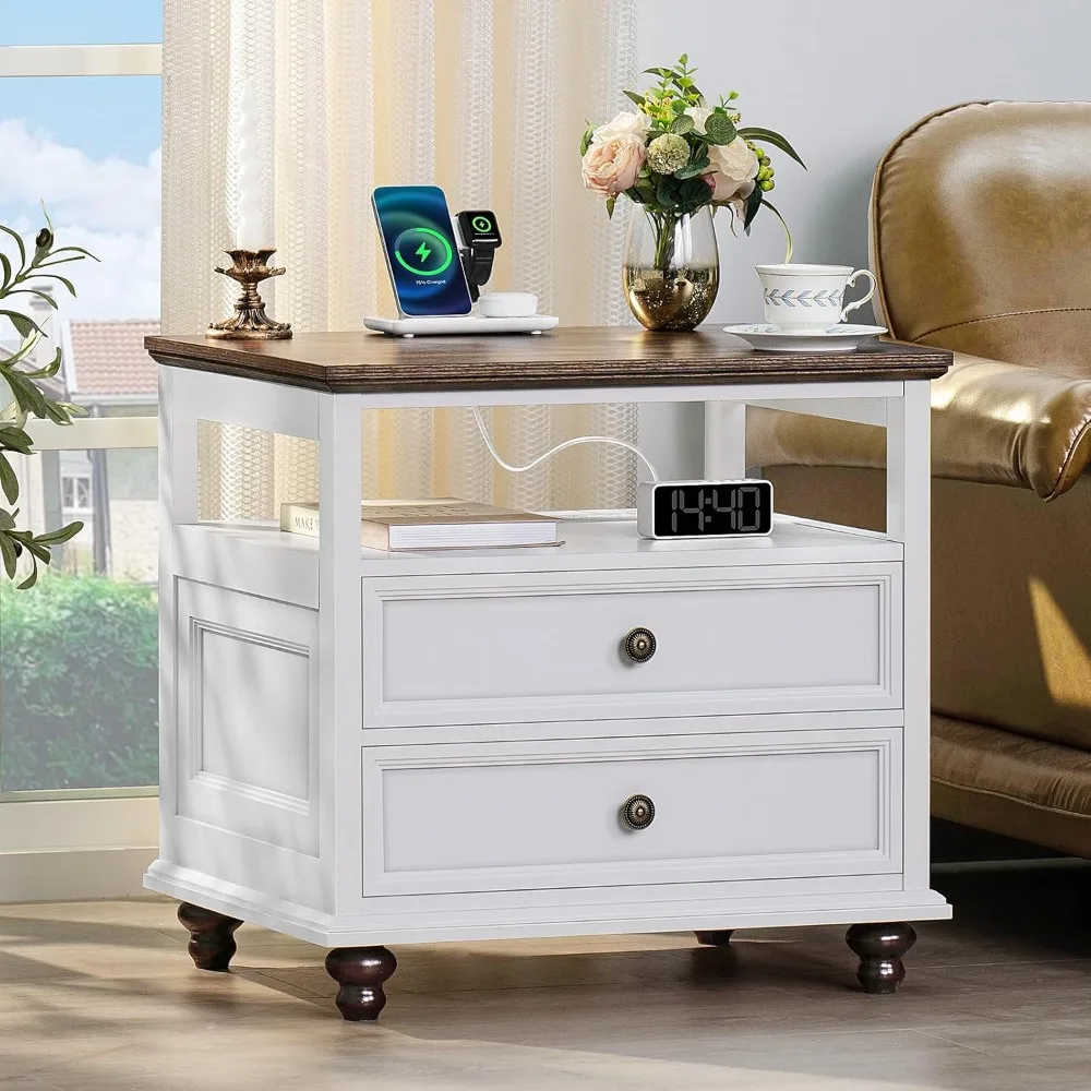 Farmhouse Bedside Table with Charging Station, 24 Inch Wide End Table with 2 Drawers, Bedroom Wooden Bedroom Furniture