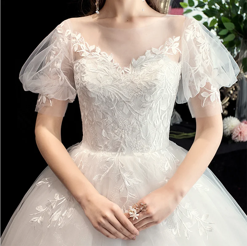 Robes de mariée en dentelle appliques pour femmes, col en V, manches courtes, robe de Rhen tulle, robe de soirée