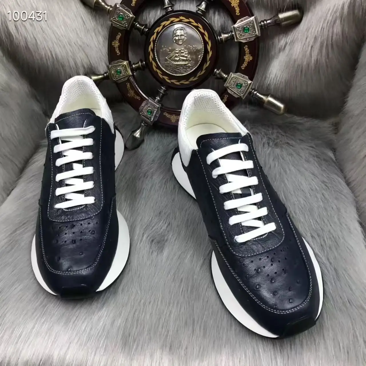 Black Color New Genuine Ostrich Skin Men's Shoes Cow Skin Lining Fashion Leisure Sneaker Leisure Walking Fashion Sneaker