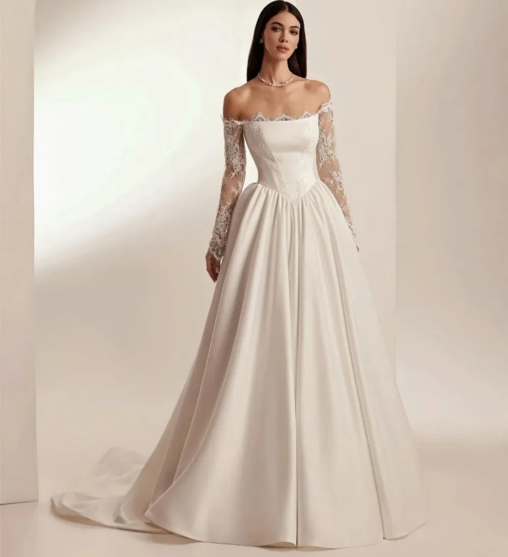 

Vintage A-line Wedding Dress Off The Shoulder Lace Appliques Corset Satin Princess Bridal Bride Gowns Vestidos De Noiva