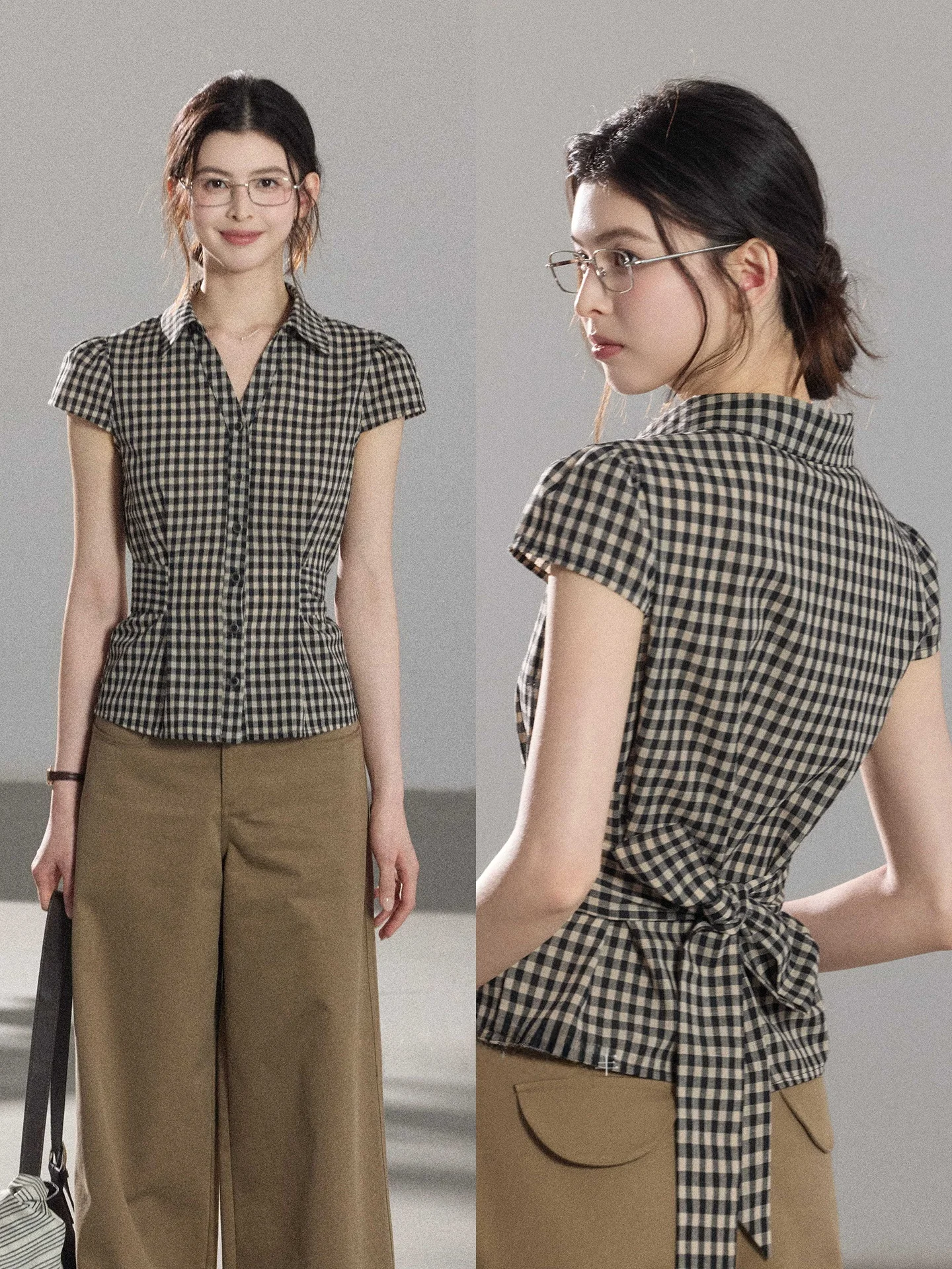 

Retro Checkered Short Sleeve Shirt Women's Casual Commute Back Tie Waist Shirt Breathable Polyester Cotton Blend Button Detail