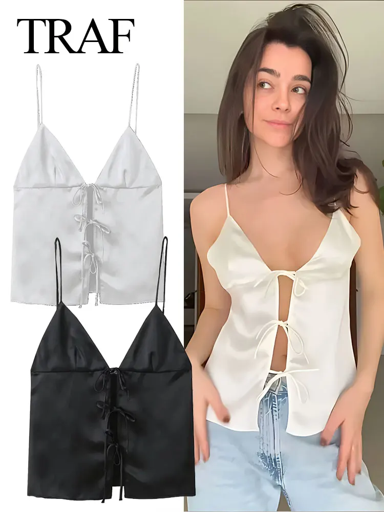 TRAF-Camis em cetim de seda feminino, monocromático, top curto texturizado, decote em v, colete laço, sem mangas, minitops femininos, sexy, moda festa, verão