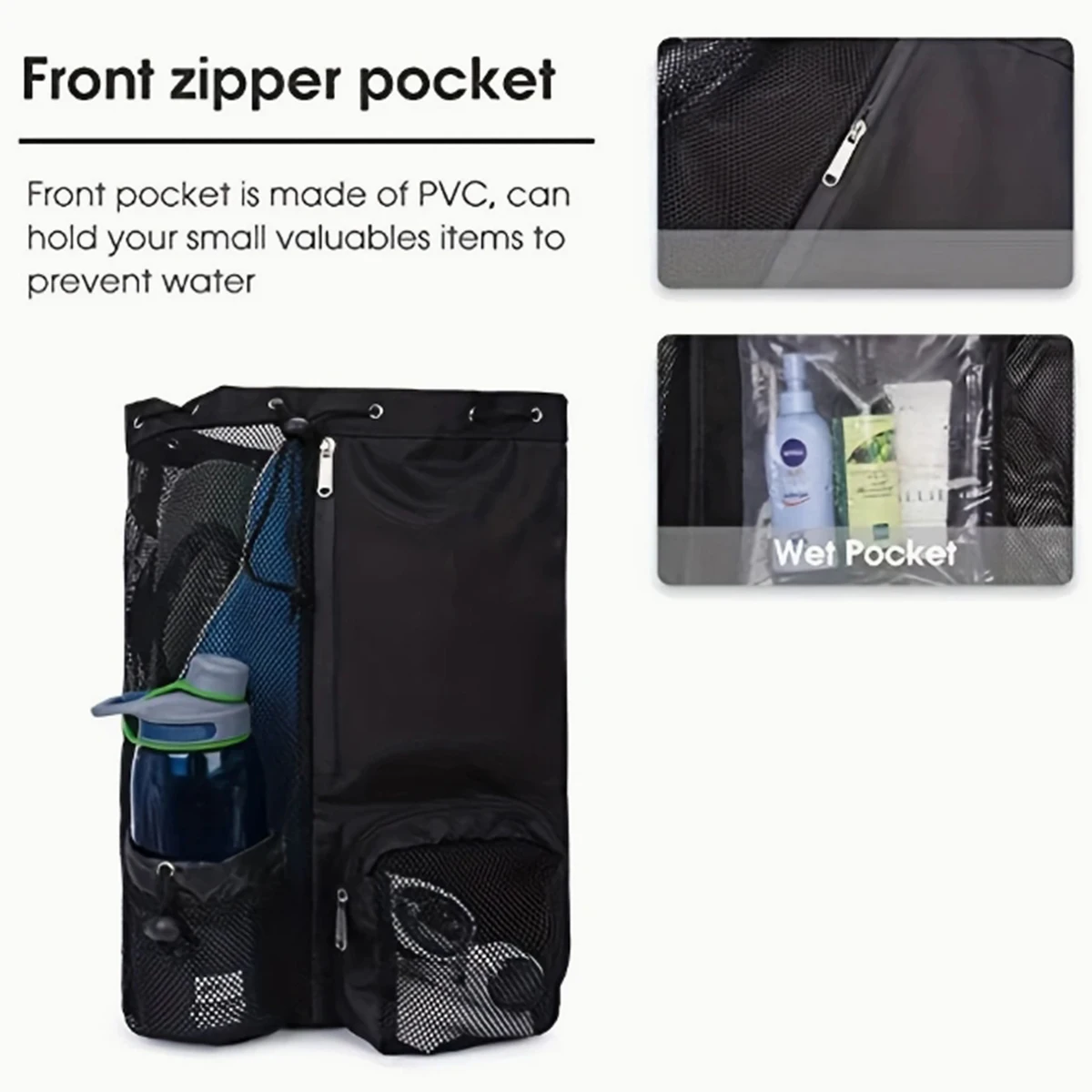 حقيبة ظهر للشاطئ في الهواء الطلق، حقيبة سباحة، حقيبة ظهر شبكية مثقوبة برباط مع حقيبة مبللة، حقيبة تخزين لتمارين اليوجا في صالة الألعاب الرياضية، مجموعة واحدة