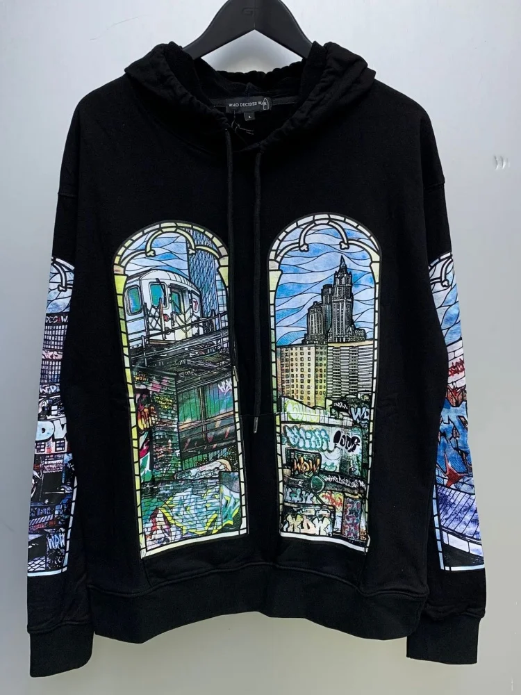 official-websiteHigh Street Arches Manga Abstract Print Heavy duty Woolen Hoop Hoodie Men and Women Can Wear Pure Cotton