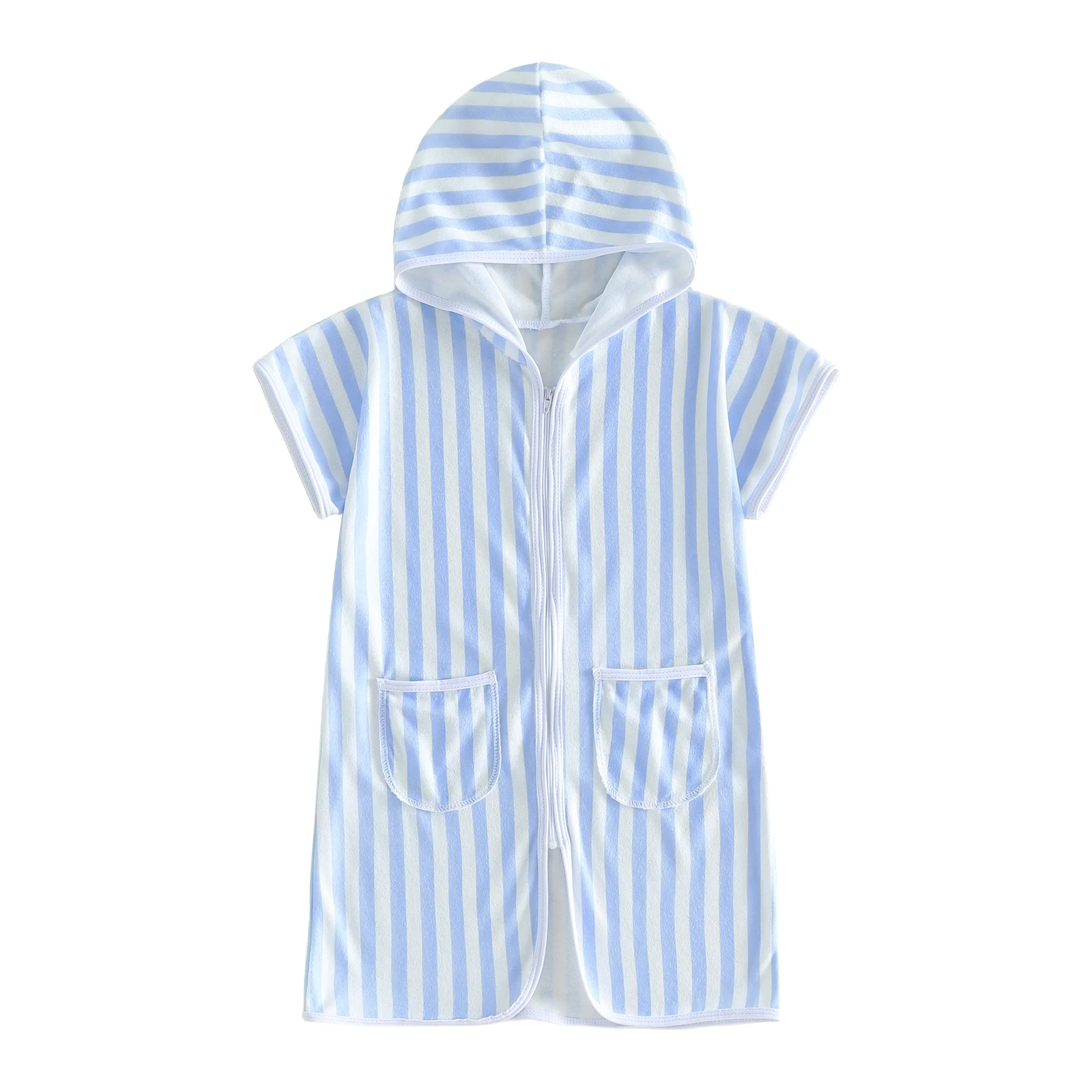 Kids Beach Cover Up Stylish Striped Casual Zip Up Short Sleeve Hooded Shawl for Beach and Daily Life