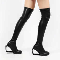 Fashion new pure color 8cm high hollow out heel round toe autumn winter concise stretch women over the knee boots HL455 MUYISEXI