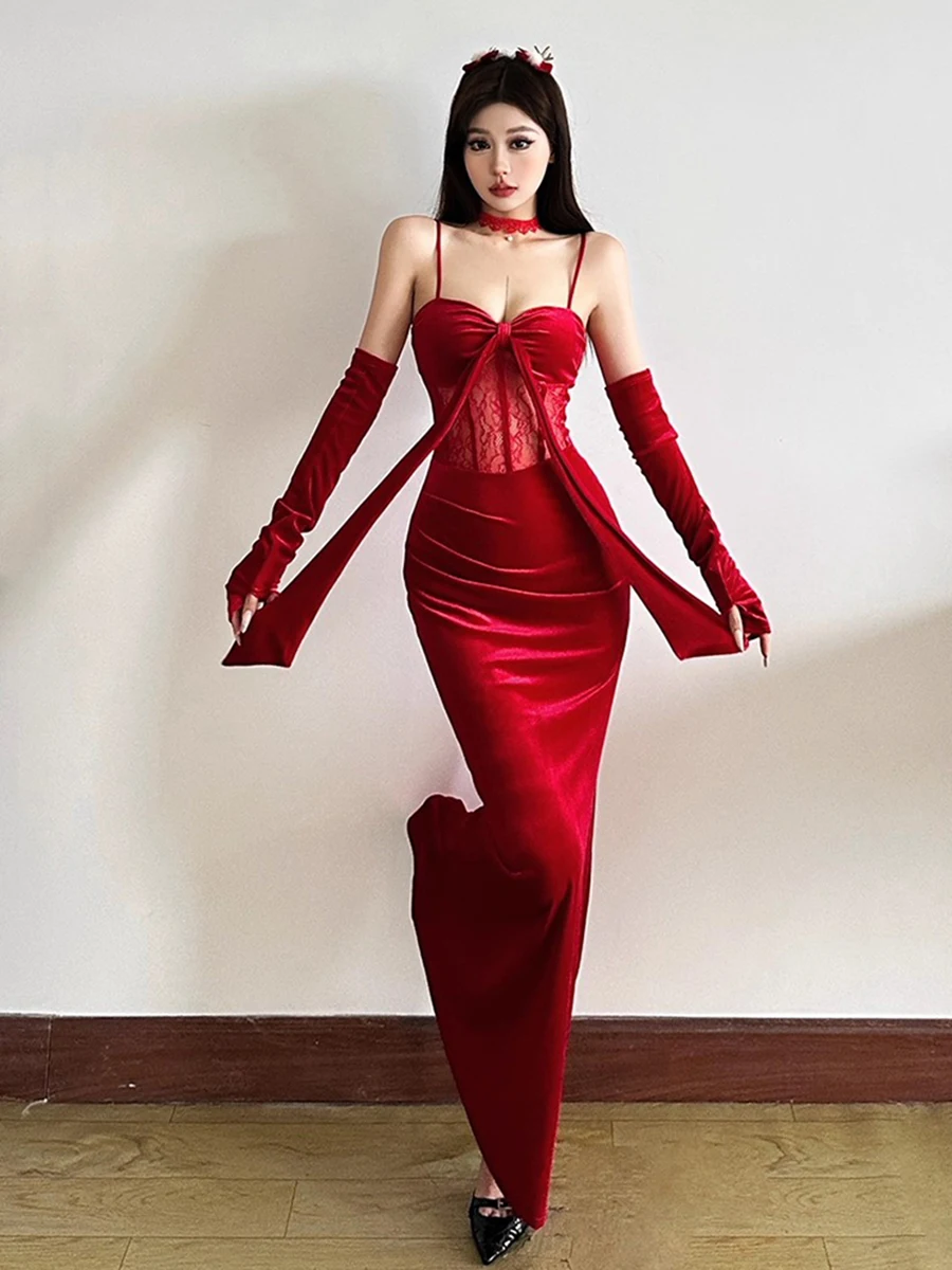 REDDACHiC عيد الميلاد النساء ثوب حفلة مع قفازات شير الدانتيل مثير القوس مشد حورية البحر ماكسي طويل Bodycon فستان حفلة ملابس رسمية