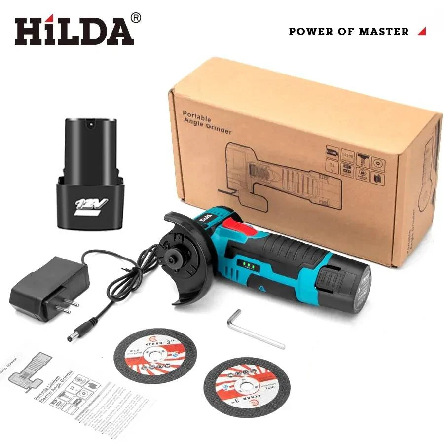 HILDA 12V 3/4 Inch Lithium Electric Angle Grinder Rechargeable Battery Brushless/Brushed Polishing Machine  Mini Cutting Machine