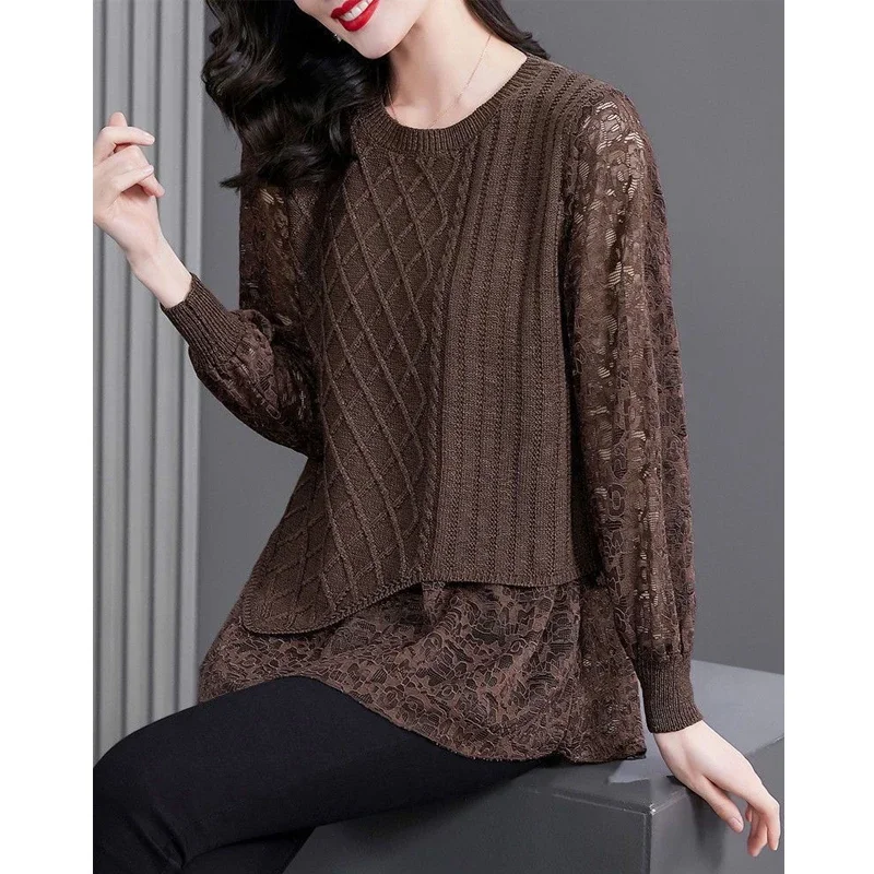 Lace Patchwork Elegant Knitted Sweater Autumn Winter Fashion Asymmetrical Chic Long Sleeve Knitwear Solid Loose Pullovers ZL571