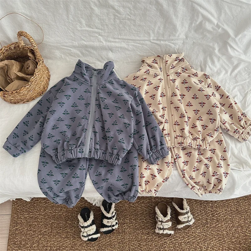 الغزلان جونمي 2025 الخريف جديد الكورية نمط الأطفال مجموعات بلوزات مطبوعة معطف السراويل 2 قطعة الصغار الاطفال ملابس غير رسمية