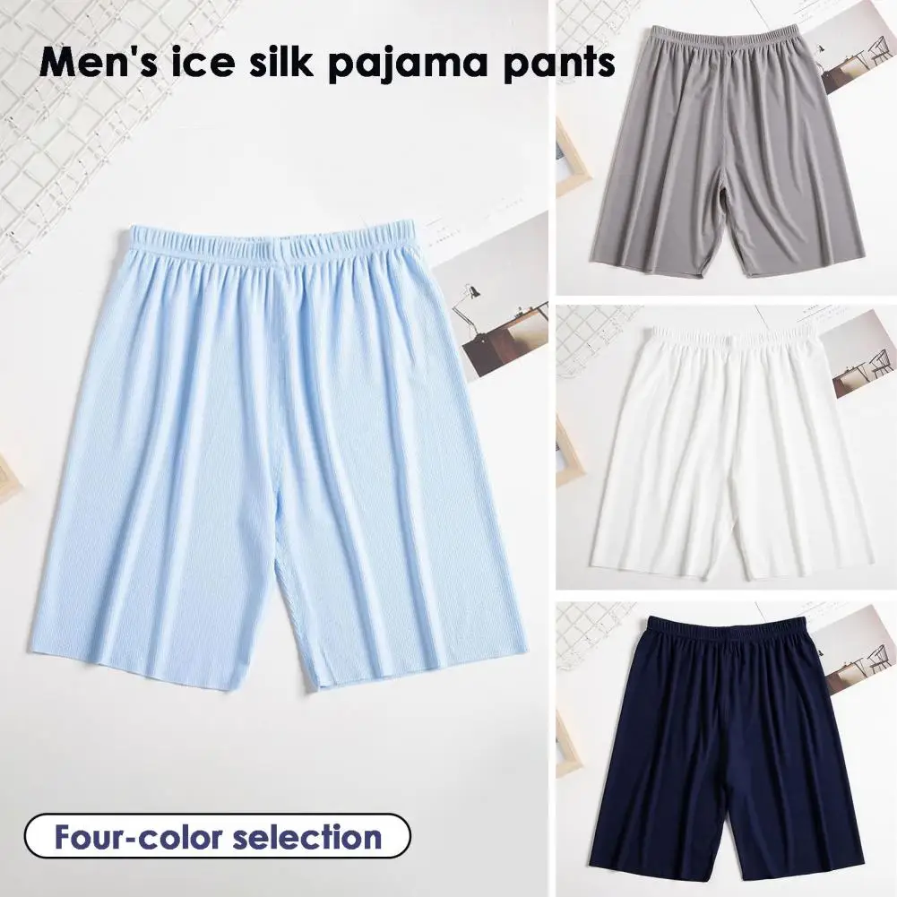 Mid-rise Elastic Waistband Men Pajama Shorts Ribbed Colorfast Breathable Wide Leg Male Ice Silk Pants Beach Boardshorts Homewear