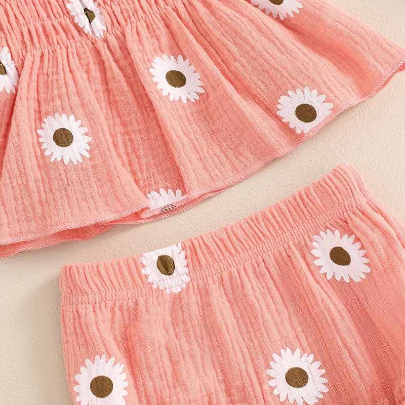 Toddler Newborn Baby Girl Summer Clothes Set Spaghetti Straps Pleated Flower Print Camisole with Shorts and Hairband Outfit