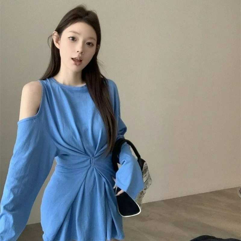 

New Round Neck Off Shoulder Side Buckle Design Casual Versatile Long Sleeved T-shirt