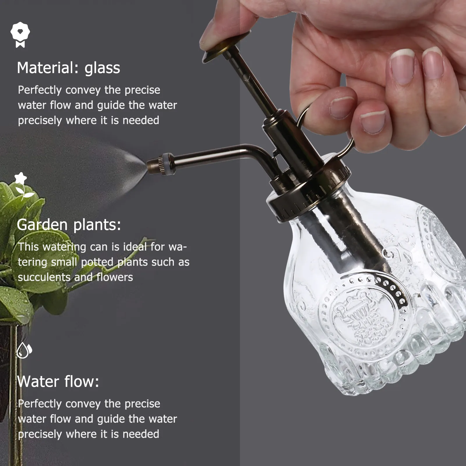 Vintage Embossed Glass Watering Can for Precise Targeted Watering of Small Potted Plants Bonsai Succulents Indoor Outdoor