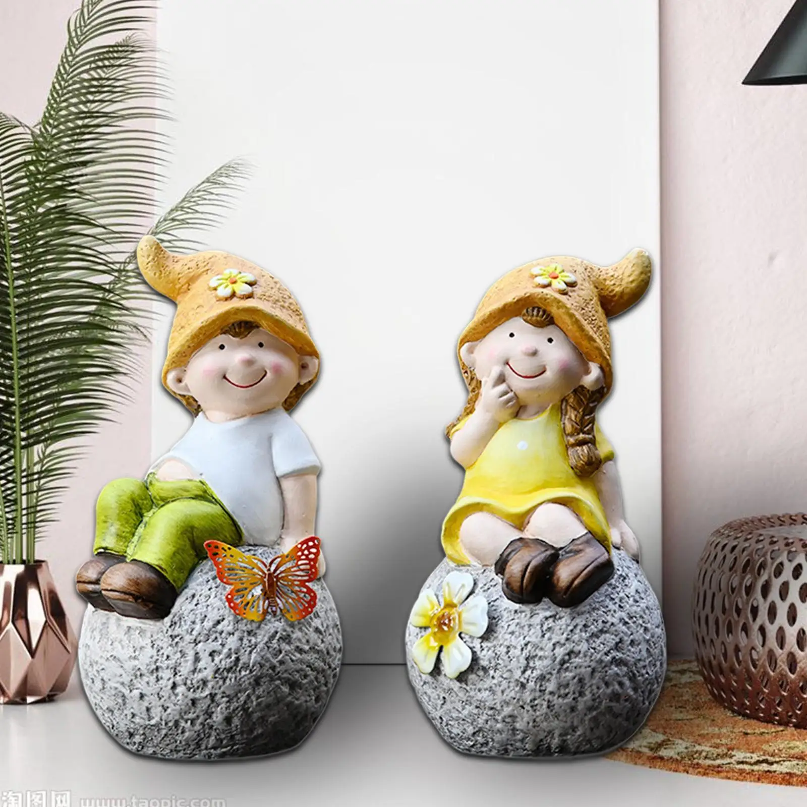 2Pcs Boy Girl Garden Statues Figure Sculptures for Shelf Indoor Outdoor Desk