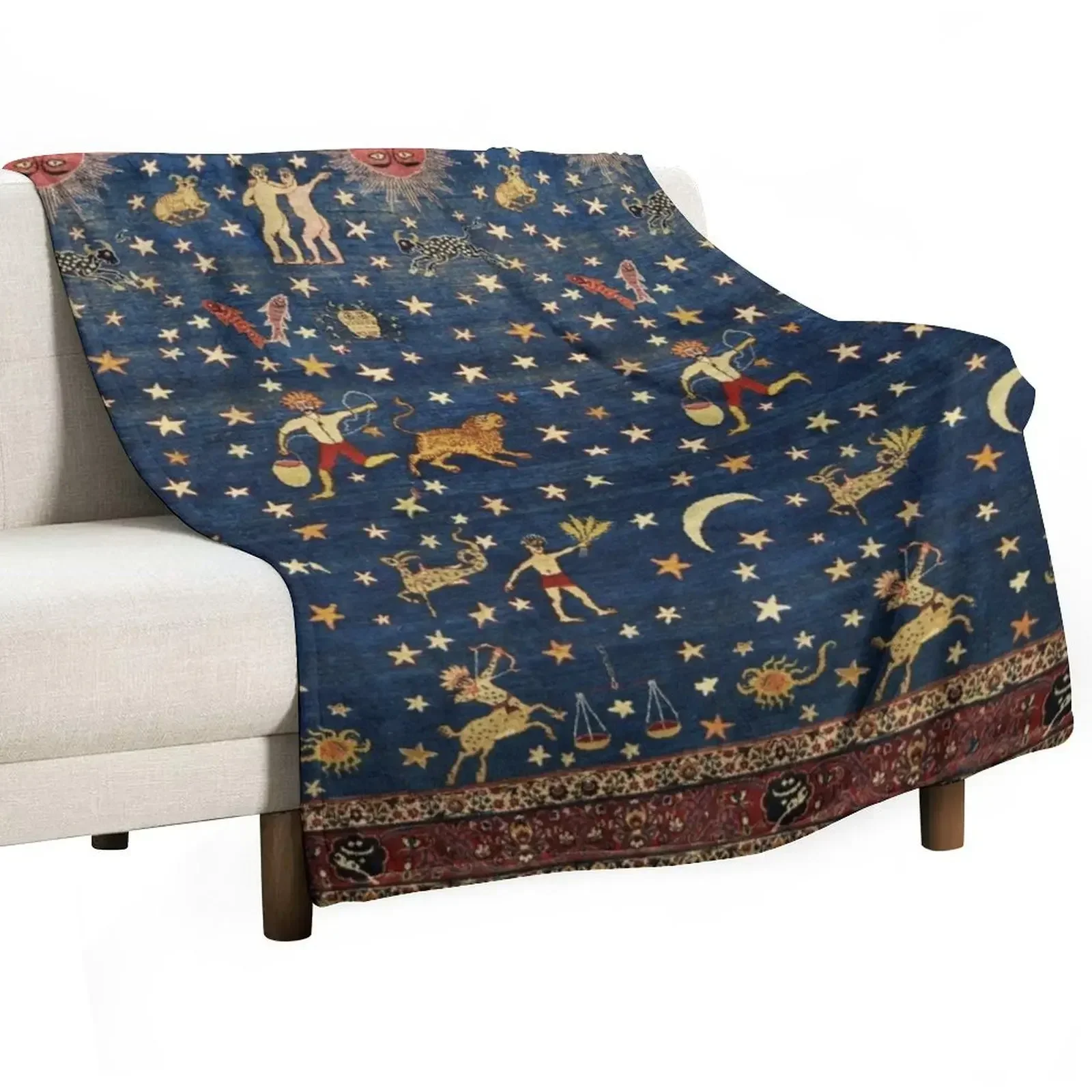 ANTIQUE PERSIAN CARPET WITH ZODIACAL SIGNS,STARS IN BLUE SKY Throw Blanket Picnic Sofa Soft bed plaid Blankets